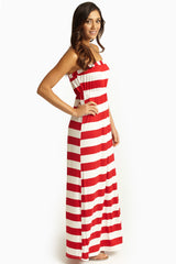 Red White Striped Strapless Maxi Dress