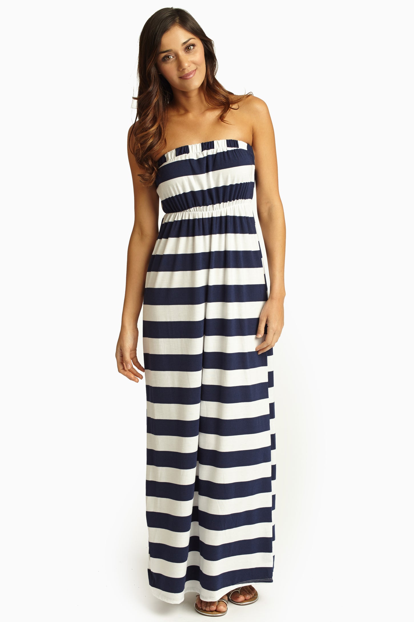 Navy Blue White Striped Strapless Maxi Dress PinkBlush