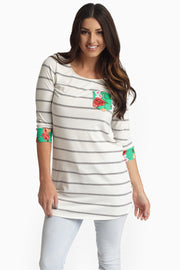 Grey Striped Floral Accent 3/4 Sleeve Top