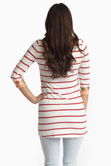 Red Striped Floral Accent 3/4 Sleeve Top