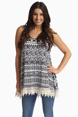 Black White Tribal Crochet Trim Tank Top