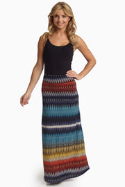 Navy Multi-Color Chevron Printed Maxi Skirt