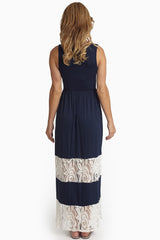 Navy Blue Lace Colorblock Maxi Dress