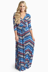 Blue Red Tribal Draped 3/4 Sleeve Maxi Dress