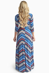 Blue Red Tribal Draped 3/4 Sleeve Maxi Dress