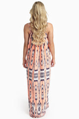 Neon Peach Navy Abstract Printed Maxi Dress