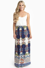 Navy Floral Paisley Printed Bottom Maxi Dress