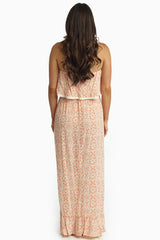 Orange Bohemian Crochet Trim Overlay Strapless Maxi Dress