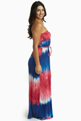 Navy Fuchsia Printed Sash Tie Strapless Maxi Dress