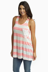 Pink Striped Crochet Pocket Tank Top