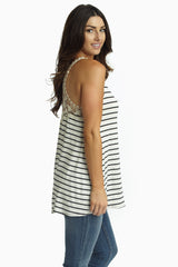 Ivory Striped Crochet Back Tank Top