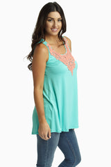 Mint Coral Crochet Neck Tank Top