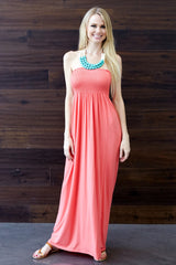 Coral Solid Strapless Maxi Dress