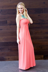 Coral Solid Strapless Maxi Dress