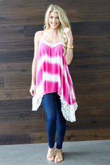 Fuchsia Tie Dye Lace Accent Tank Top