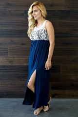 Navy Blue Lace Top Maxi Dress