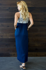 Navy Blue Lace Top Maxi Dress