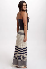 Navy Beige Alternating Striped Maxi Skirt