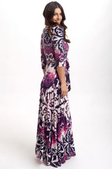 Purple Navy Abstract Damask Draped Maxi Dress