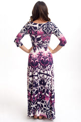 Purple Navy Abstract Damask Draped Maxi Dress