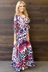 Red Navy Abstract Damask Draped Maxi Dress