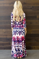 Red Navy Abstract Damask Draped Maxi Dress