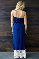 Navy Blue Crochet Trim Strapless Maxi Dress