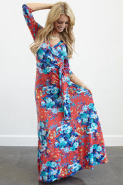 Red Floral Draped 3/4 Sleeve Maxi Dress