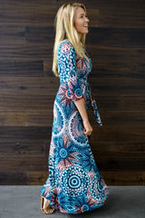 Aqua Pink Printed Draped 3/4 Sleeve Maxi Dress