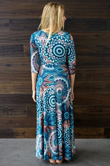 Aqua Pink Printed Draped 3/4 Sleeve Maxi Dress