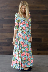 Aqua Neon Floral Draped 3/4 Sleeve Maxi Dress