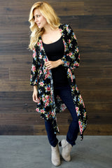 Black Floral Printed Long Kimono