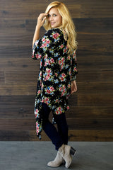 Black Floral Printed Long Kimono