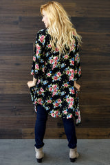 Black Floral Printed Long Kimono