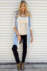 Light Blue Lace Accent Short Sleeve Long Cardigan