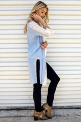 Light Blue Lace Accent Short Sleeve Long Cardigan