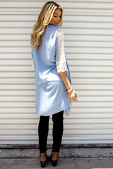 Light Blue Lace Accent Short Sleeve Long Cardigan