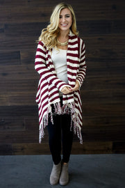 Burgundy Ivory Striped Fringe Hem Knit Cardigan