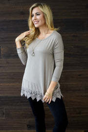 Taupe Crochet Trim 3/4 Sleeve Top