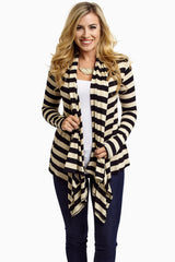 Black Beige Striped Open Cardigan