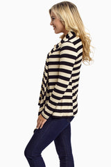 Black Beige Striped Open Cardigan