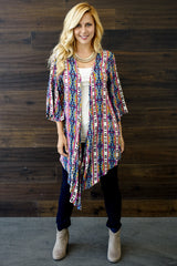 Magenta Multi-Color Printed Long Cardigan