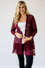 Burgundy Lace Trim Knit Open Cardigan