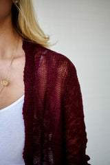 Burgundy Lace Trim Knit Open Cardigan