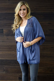 Navy Open Crochet Accent Short Sleeve Cardigan