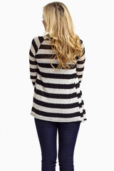 Black White Striped Knit Cardigan