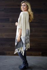 Beige Chevron Border Fringe Knit Cardigan