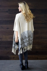 Beige Chevron Border Fringe Knit Cardigan