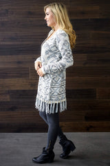 Ivory Blue Printed Fringe Knit Cardigan