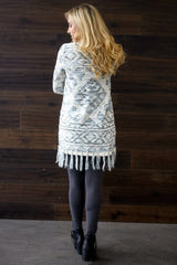 Ivory Blue Printed Fringe Knit Cardigan